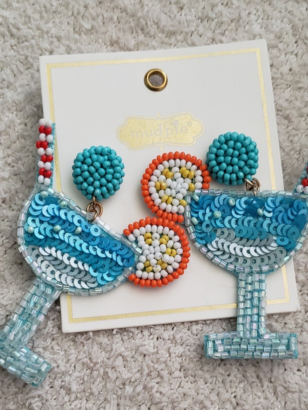 Mud Pie Blue Sequin Cocktail Glass Beaded Drop Earrings with Orange Accent